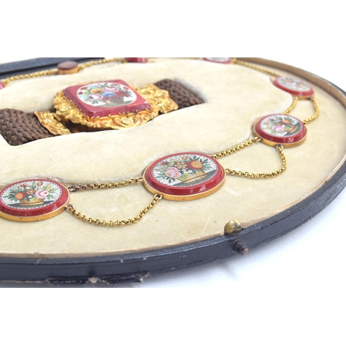 9 - A Victorian Grand Tour micro mosaic demi parure in fitted case, comprising a gold mounted riviere ne... 