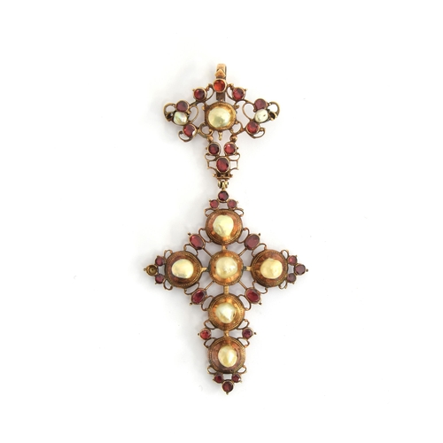 12 - A substantial 18th century gold Iberian cross stomacher pendant, wire set with natural pearls and fo... 