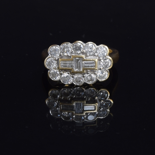 75 - An 18ct gold and diamond cluster ring, the twelve brilliant cut diamonds surrounding a central panel... 