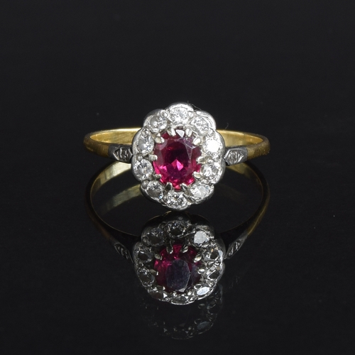 4 - An 18ct gold ruby and diamond cluster ring, unmarked but tests as 18ct gold, size O, 2.2g