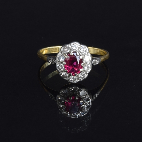 4 - An 18ct gold ruby and diamond cluster ring, unmarked but tests as 18ct gold, size O, 2.2g