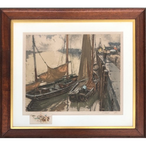 644 - Ferdinand Jean Luigini (French, 1870-1943), the boatman, print, signed in pencil with watercolour re... 