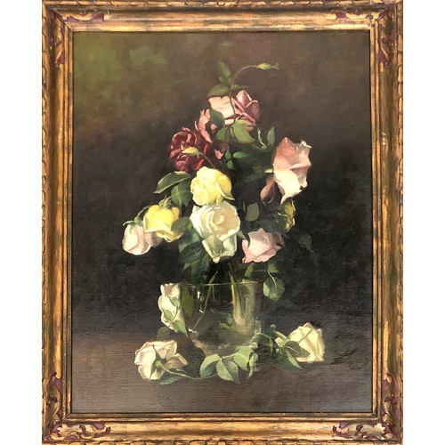 640 - 20th century still life of roses, signed E M Wires, oil on canvas, 69.5cm x 54cm