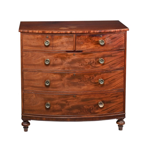 454 - A Regency mahogany bowfront chest of two short over three graduating drawers, c.1815, 118cm wide, 63... 