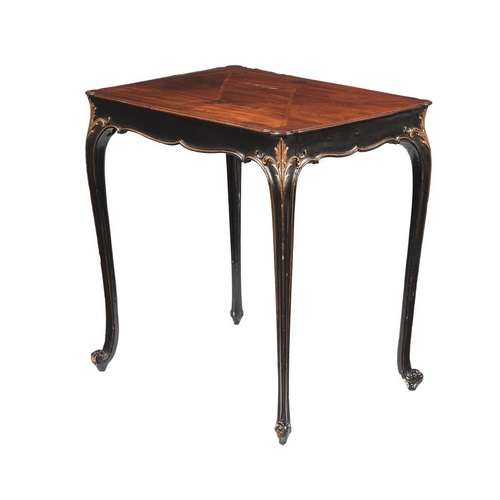 469 - A mahogany, ebonised and parcel gilt side table, 19th century or earlier, geometric banded top, end ... 