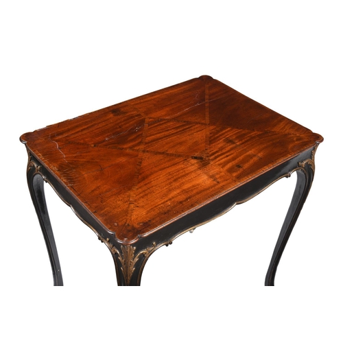 469 - A mahogany, ebonised and parcel gilt side table, 19th century or earlier, geometric banded top, end ... 