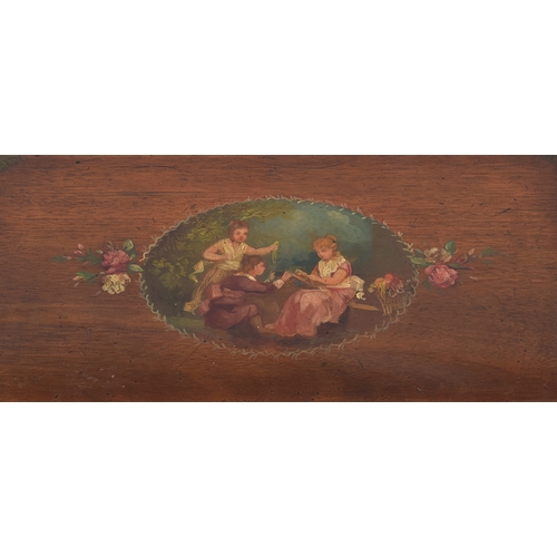 475 - A mahogany workbox on stand, painted with floral swags and central panel, 40cm wide