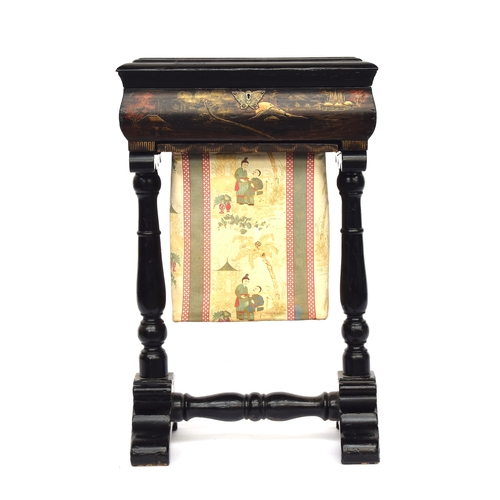 477 - A 19th century black Japanned work table, the hinged lid opening to a fitted interior, with pull out... 