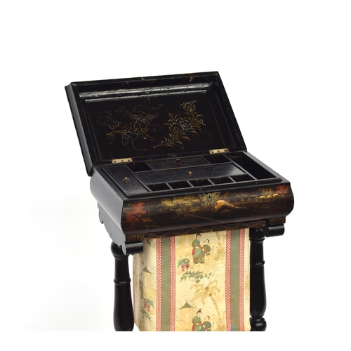 477 - A 19th century black Japanned work table, the hinged lid opening to a fitted interior, with pull out... 