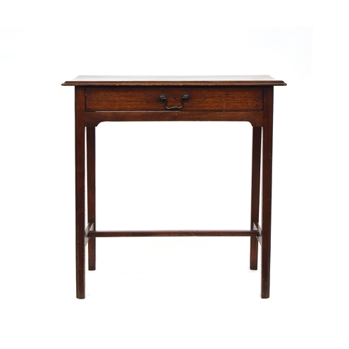 463 - A George III mahogany side table, with single drawer, on square tapered moulded legs joined by H str... 