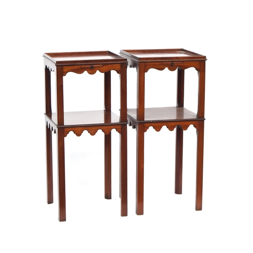 480 - A pair of early 20th century American galleried bedside tables, each with slide, over single undersh... 