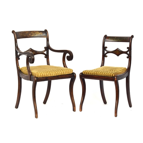 494 - A set of eight Regency simulated rosewood and brass inlay dining chairs, two carvers, scroll back wi... 