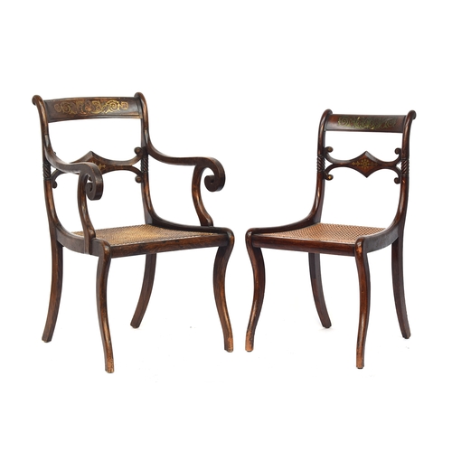 494 - A set of eight Regency simulated rosewood and brass inlay dining chairs, two carvers, scroll back wi... 