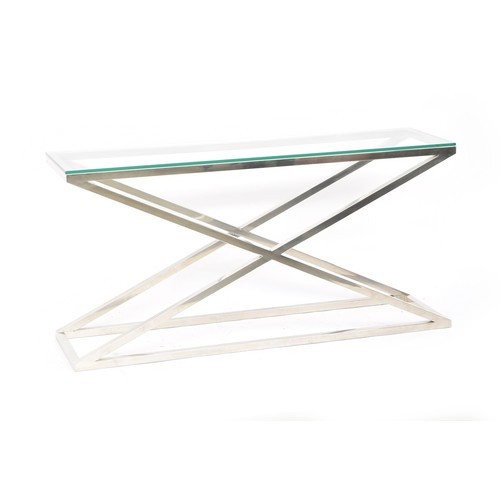 530 - An Eichholtz chrome and glass contemporary console table, on a cross frame base, 12mm glass top, 150... 