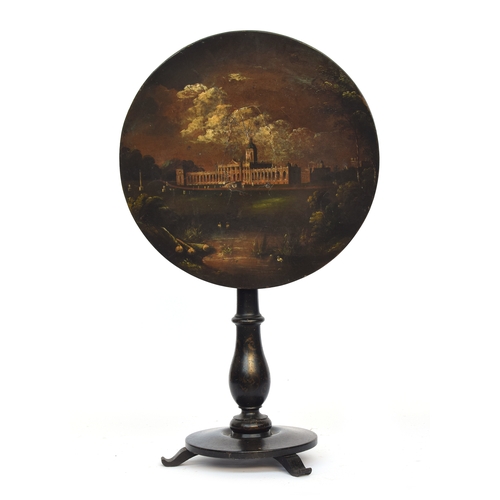 471 - An 18th century ebonised and painted circular occasional table, the tip top painted with building se... 