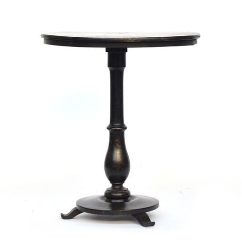 471 - An 18th century ebonised and painted circular occasional table, the tip top painted with building se... 