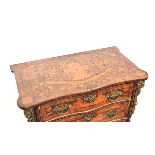 452 - An 18th century and later Dutch serpentine marquetry chest of three drawers, allover floral inlay, t... 