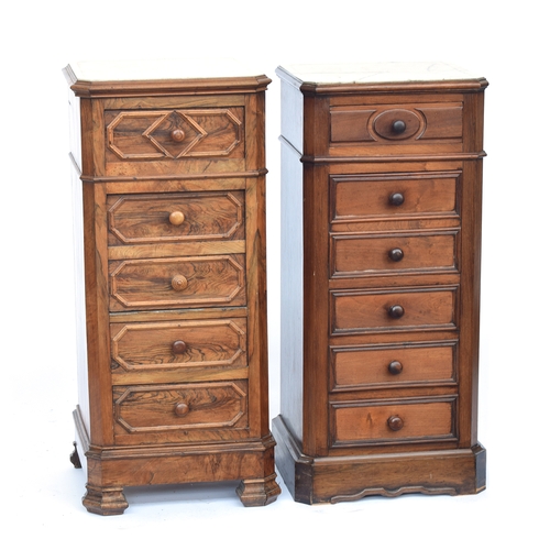 481 - Two similar Continental pot cupboards, each with marble top over drawers and hinged cupboard, one in... 