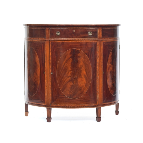 483 - A 19th century mahogany and satinwood crossbanded bowfront cabinet, single drawer over three doors w... 