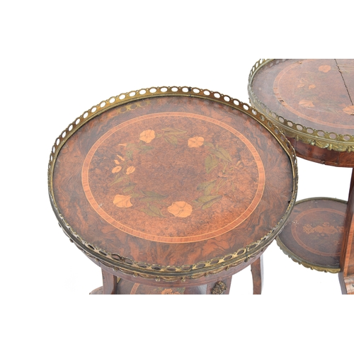 478 - A pair of Sheraton style two tier circular side tables, pierced gilt metal galleries burr walnut and... 