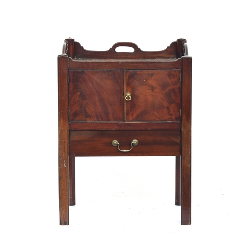 473 - A George III mahogany night stand, three quarter gallery with handles, over cupboard and converted d... 