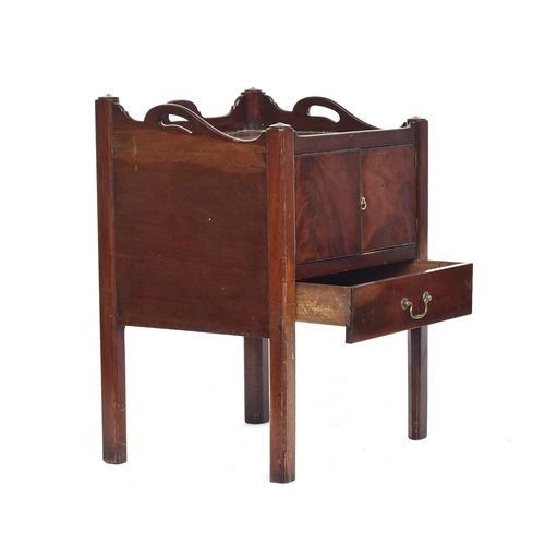 473 - A George III mahogany night stand, three quarter gallery with handles, over cupboard and converted d... 