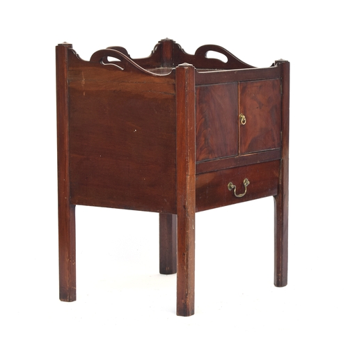 473 - A George III mahogany night stand, three quarter gallery with handles, over cupboard and converted d... 