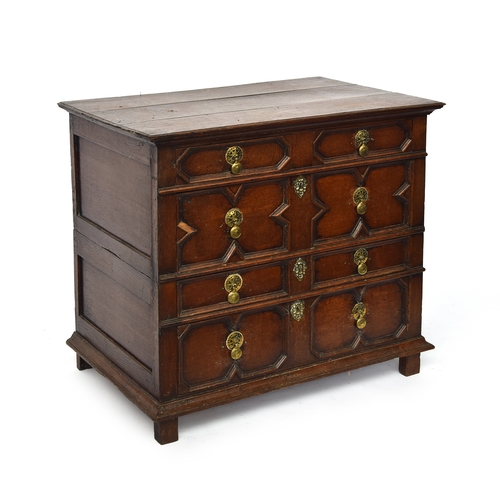 450 - A Charles II joined oak chest of drawers, moulded top over two short and three long drawers with geo... 