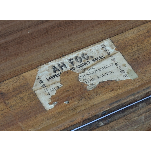 519 - A 19th century brass bound camphor wood trunk, bears label for AH Foo, Carpenter & Cabinet Maker, 94... 