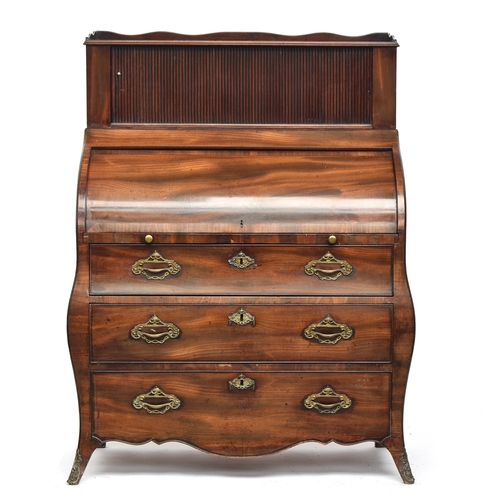 453 - A 19th century Dutch mahogany bureau of bombe form, having a tambour fronted superstructure, over a ... 