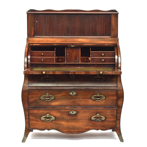 453 - A 19th century Dutch mahogany bureau of bombe form, having a tambour fronted superstructure, over a ... 