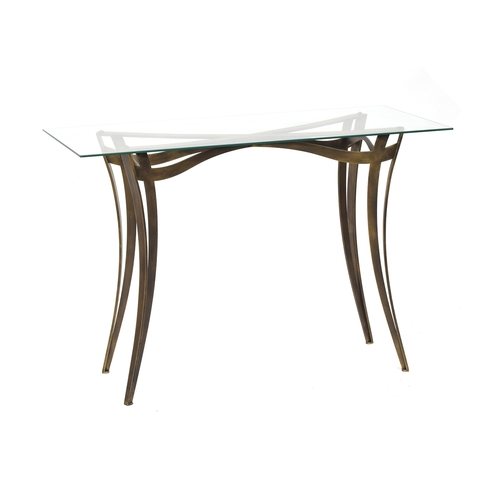 543 - A glass topped contemporary console table in the style of the Tom Faulkner Liberty table, 111cm wide... 