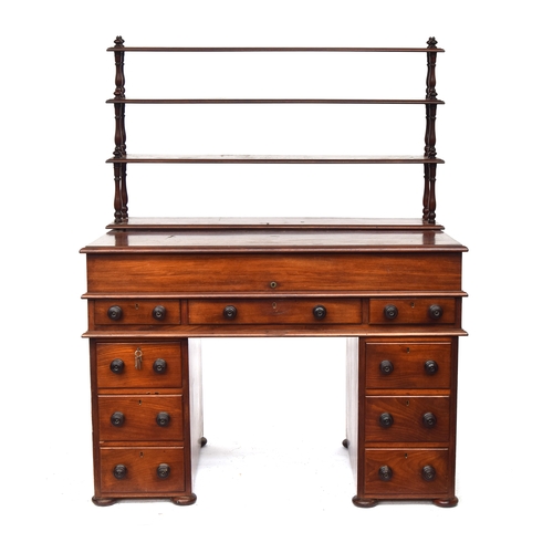 488 - A Victorian pedestal desk, associated four tier whatnot above a hinged lid opening to a skiver and f... 