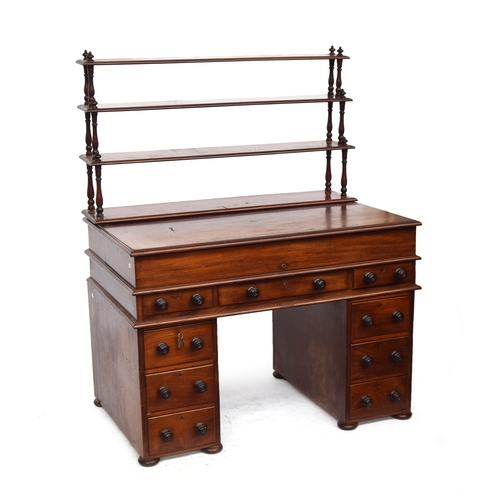 488 - A Victorian pedestal desk, associated four tier whatnot above a hinged lid opening to a skiver and f... 