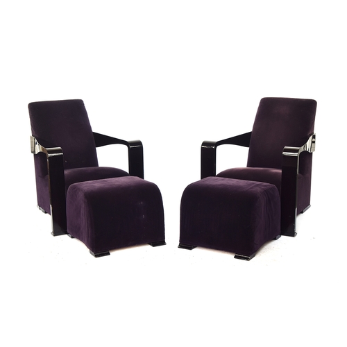 526 - Hugues Chevalier for Gotham, a pair of Ying armchairs, in purple velvet, with matching footstools