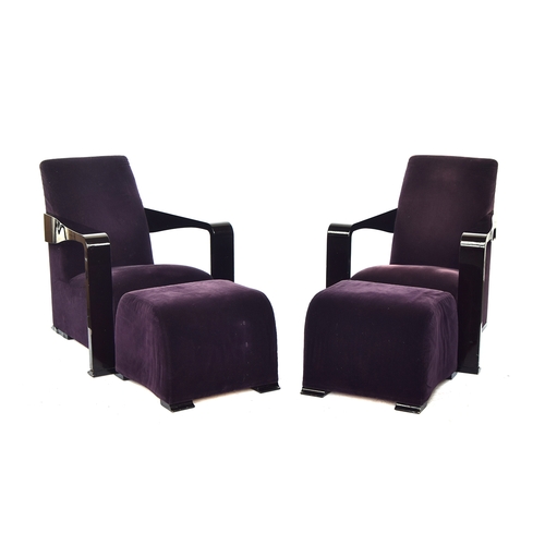 526 - Hugues Chevalier for Gotham, a pair of Ying armchairs, in purple velvet, with matching footstools