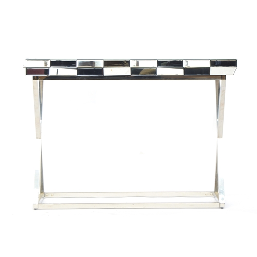 547 - A contemporary mirrored and chrome console table, on cross frame, two tone mirrors, 110cm wide, 40cm... 