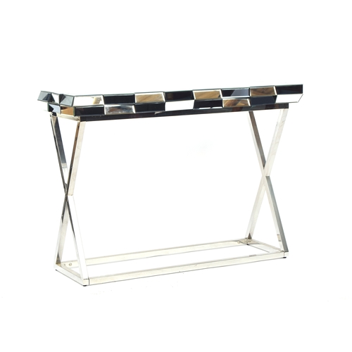 547 - A contemporary mirrored and chrome console table, on cross frame, two tone mirrors, 110cm wide, 40cm... 