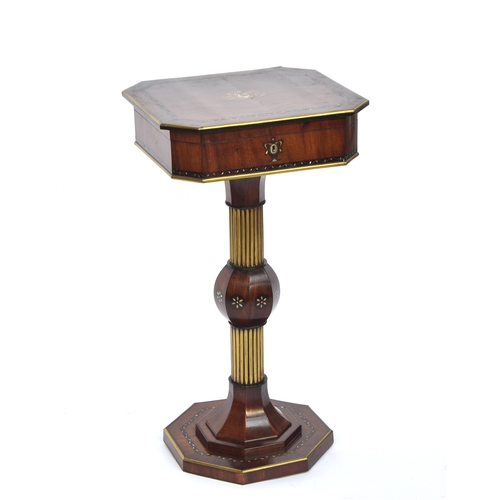 476 - A Regency walnut and brass musical sewing table, the hinged top with central mother of pearl lyre in... 