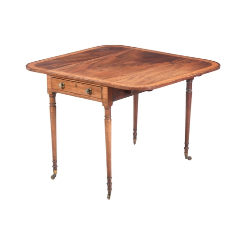 466 - A George III mahogany and satinwood crossbanded Pembroke table, c.1800, 54cm wide (103cm with leaves... 