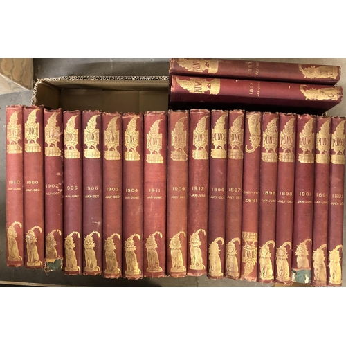 542 - PUNCH: c. 47 bound volumes in uniform burgundy cloth bindings c. 1893-1916. Generally at least Good ... 