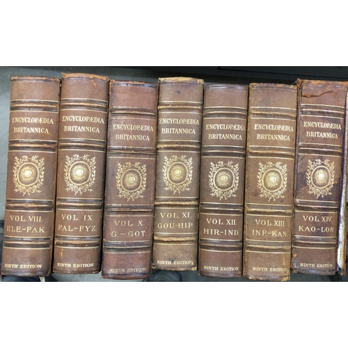 548 - BINDINGS, ENCYCLOPAEDIA BRITANICA: 9th ed. Vols 1-21 three-quarter morocco. Some loose binding at sp... 