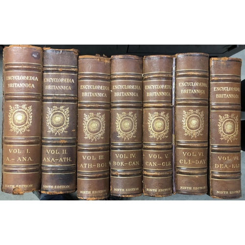 548 - BINDINGS, ENCYCLOPAEDIA BRITANICA: 9th ed. Vols 1-21 three-quarter morocco. Some loose binding at sp... 