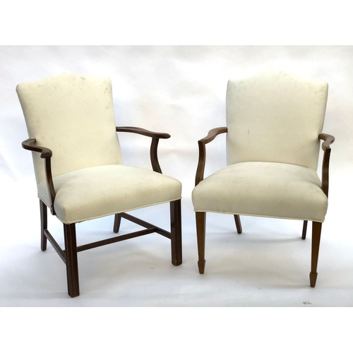 1123 - An open armchair in George III style, domed upholstered back and stuffover seat, raised on square se... 