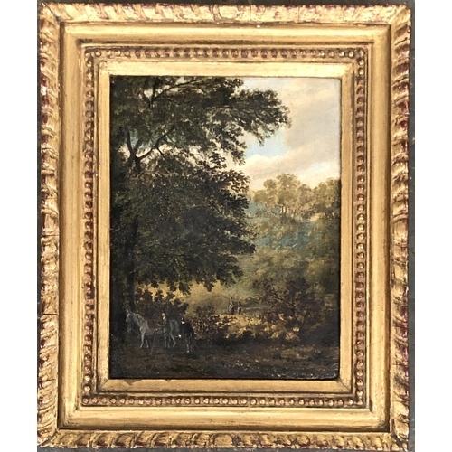 709 - A 19th century English oil on board, pastoral scene, with figures below a tree, 15.5x12cm