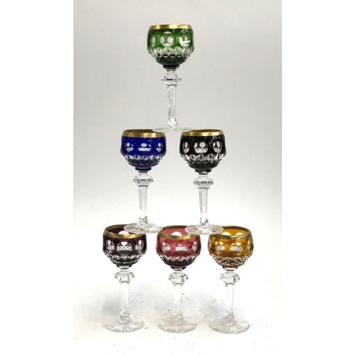 252 - A set of six small multi coloured Bohemian stemmed glasses, gilt rims, each 12.5cmH; together with o... 