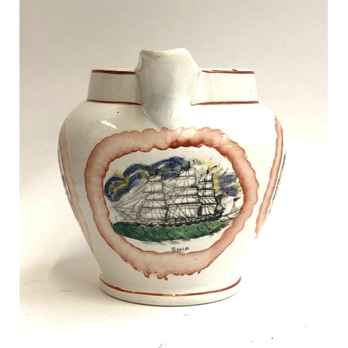 253 - A 19th century Sunderland ware jug depicting a tall ship, with verse to each side, the handle af, 19... 