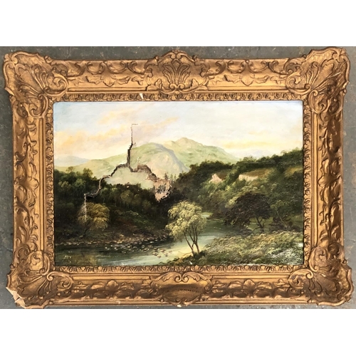 726 - Attributed to J.A Connor, 19th century oil on board, 'Muckross Abbey, Killarney, 30x45cm; together w... 