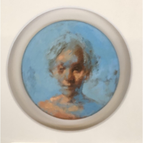 735 - 20th century oil on canvas, circular portrait of a girl in box frame, 15cmD