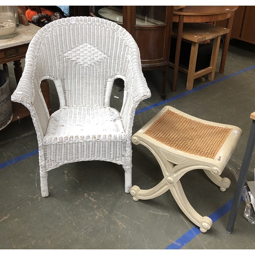 865 - A white Lloyd loom chair; together with a crossframe stool with caned seat